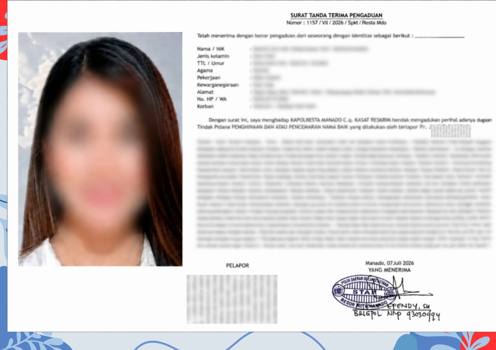 Seorang CP Laporkan Dugaan Pencemaran Nama Baik, Polisi Terbitkan Surat Tanda Terima Pengaduan Terlapor Pr.JP